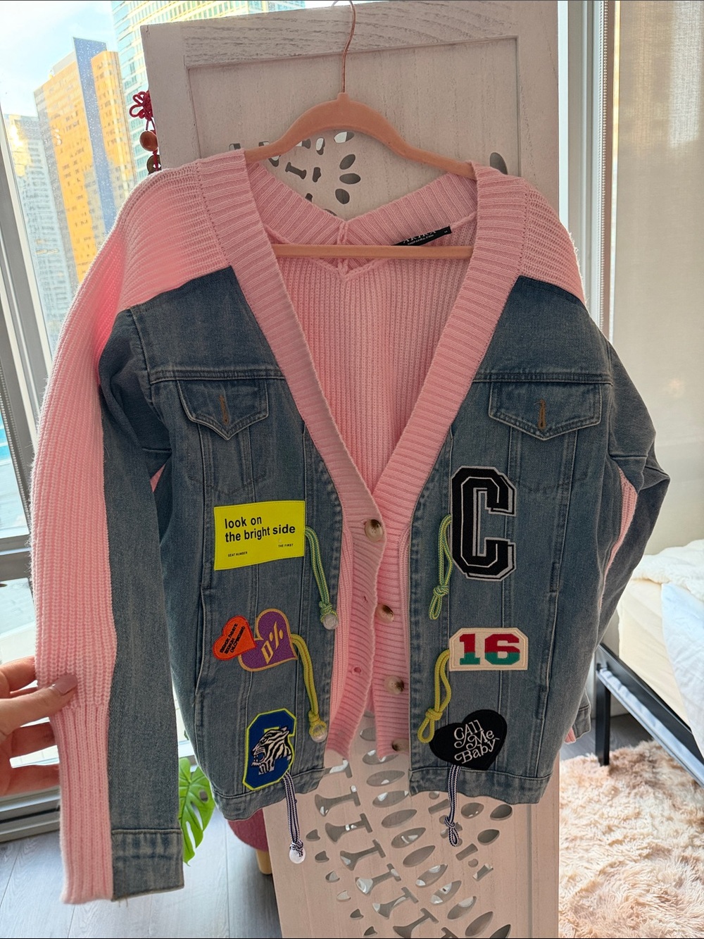AKIRA Pink Knit & Blue Denim Patch Jacket